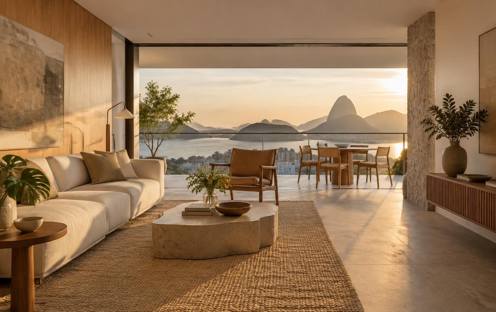 Interior de apartamento contemporâneo voltado para a paisagem do Rio